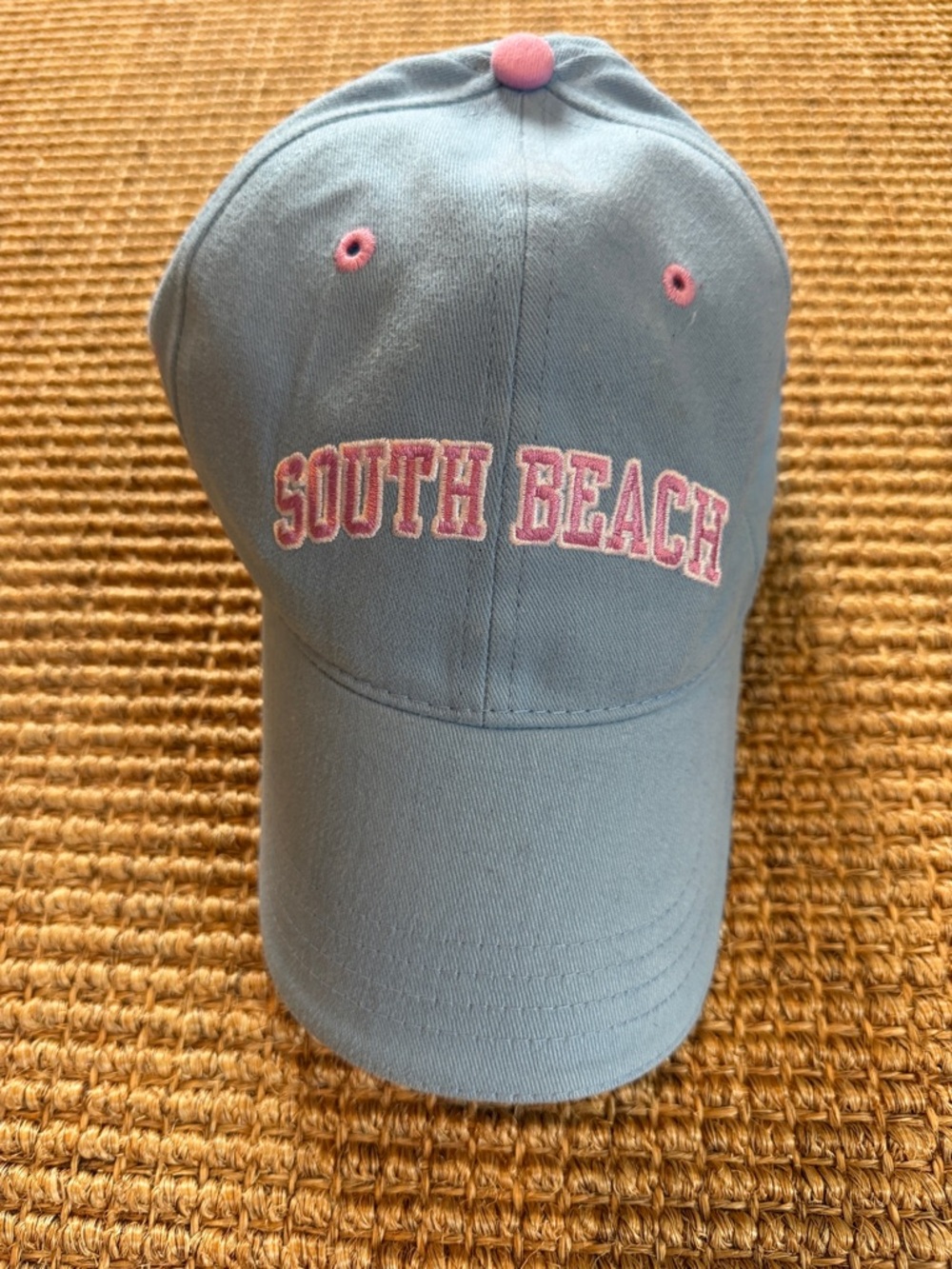 South Beach Embroidered Light Blue Baseball Cap with Pink Accents